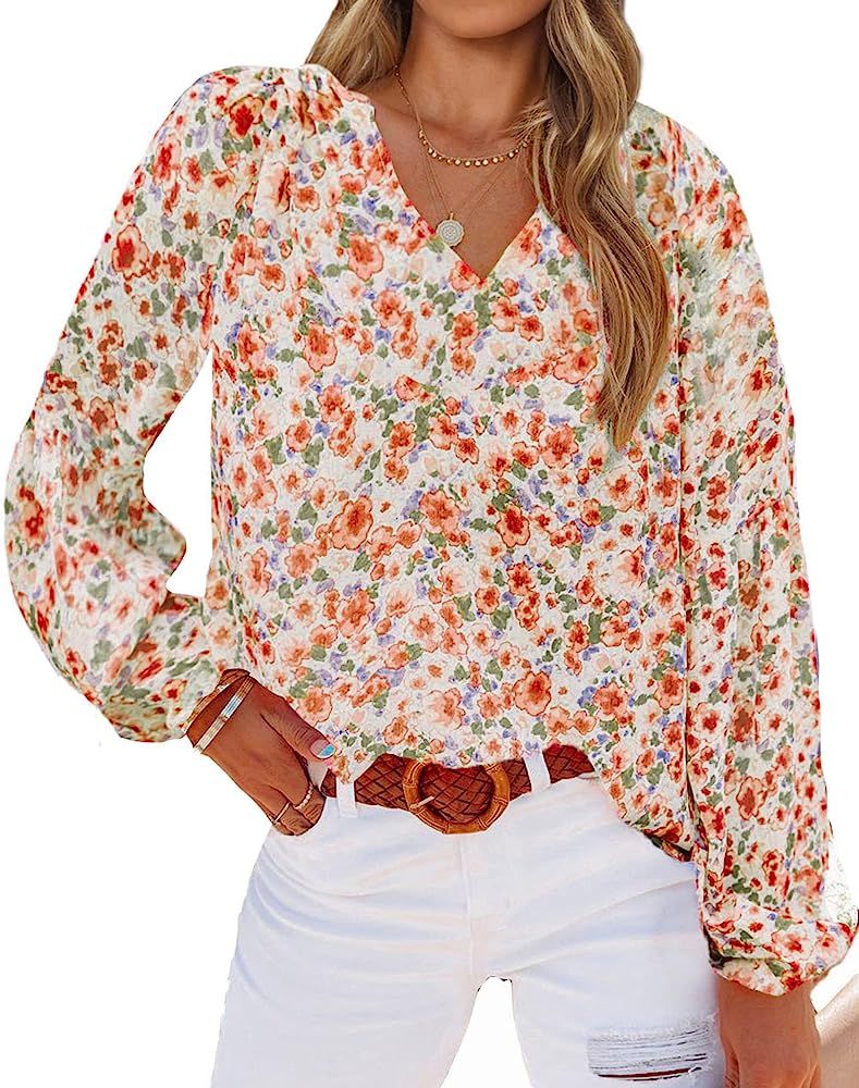 BTFBM Women Casual Boho Blouse Fashion Floral Shirts V Neck Long Puff Sleeve Lightweight Chiffon ... | Amazon (US)