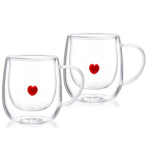 Baderke 2 Pcs Valentine's Day Red Heart Icon Glass Mug Set 12 oz Old Fashioned Icon Coffee Mugs Heart Clear Double Cups with Handle for Drinks Coffee Tea Home Office Valentine's Day Party Gifts | Amazon (US)
