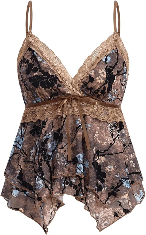 Verdusa Women's Y2K Tops Babydoll Summer Tank Tops Going Out Floral Lace Flowy Mesh Shirt Whimsic... | Amazon (US)