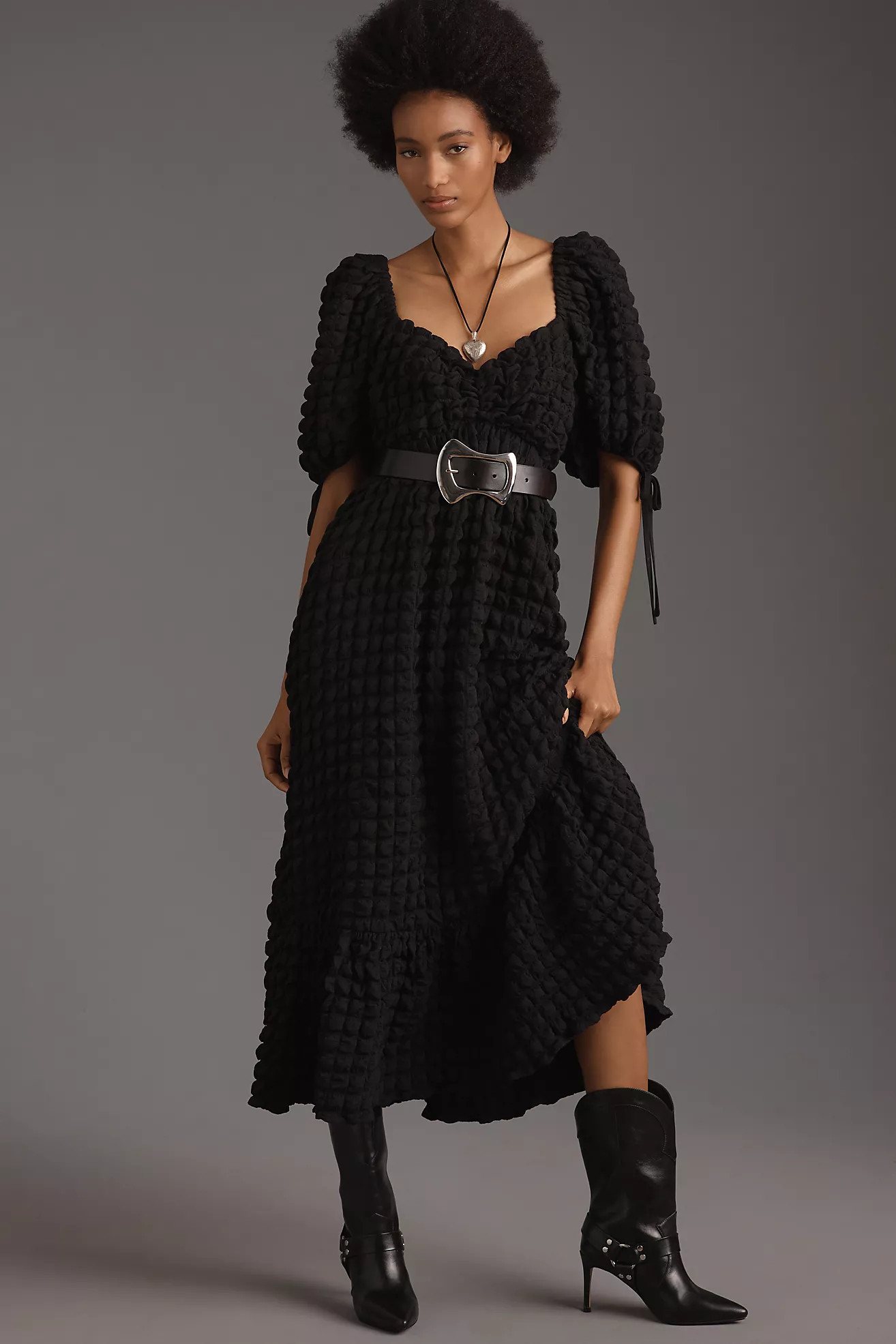 Endless Rose Puff-Sleeve Sweetheart Textured Midi Dress | Anthropologie (US)