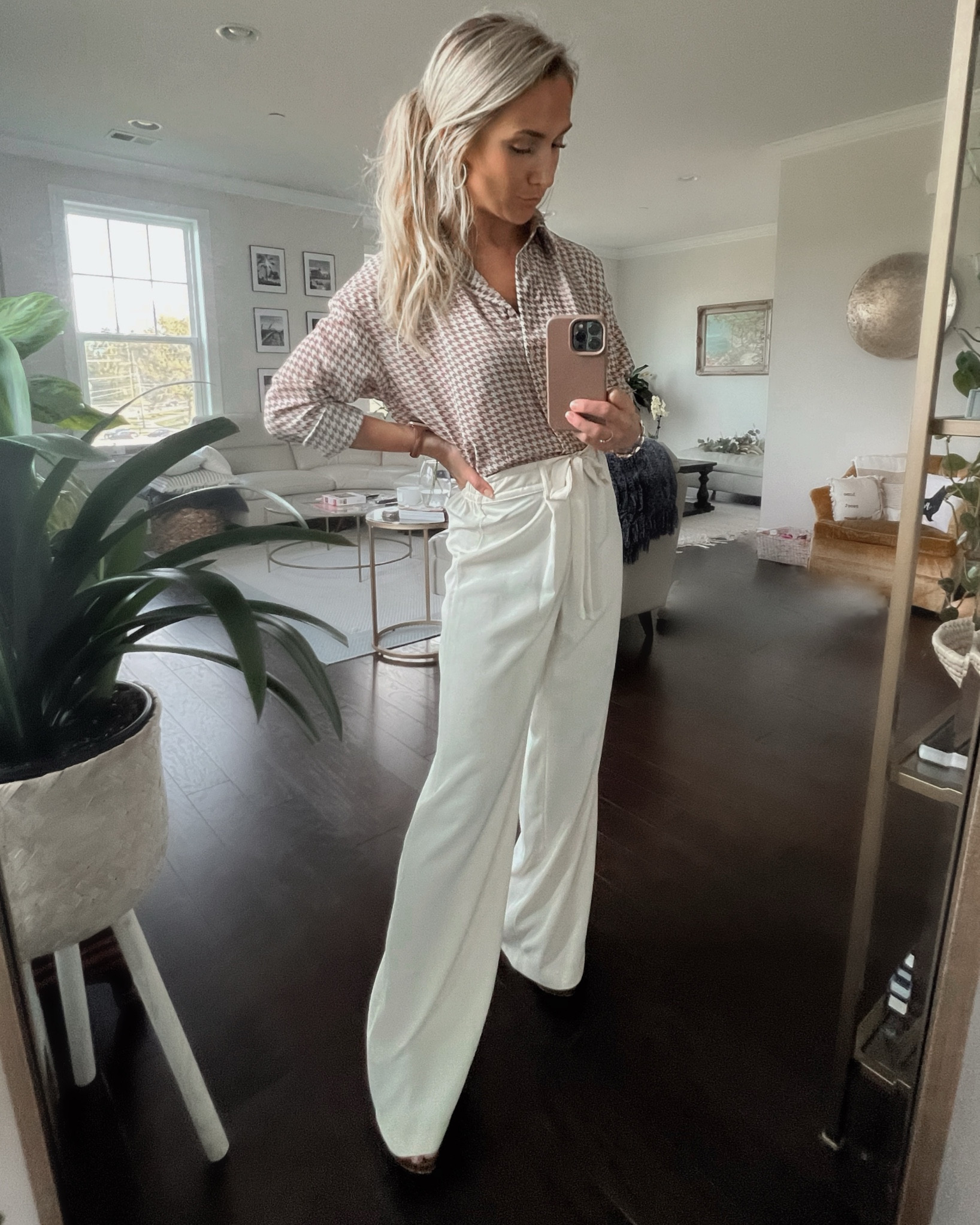 Favorite neutral style, fall style work look goes to these high waisted drawstring pants and houndstooth blouse! Check out these Revolve pants, Highwaist Lulus pants, Nordstrom nude pumps, similar Amazon work blouses and Anthropologie tops for fall! Sale shoes from Nordstrom linked!

#LTKsalealert #LTKSeasonal #LTKshoecrush
