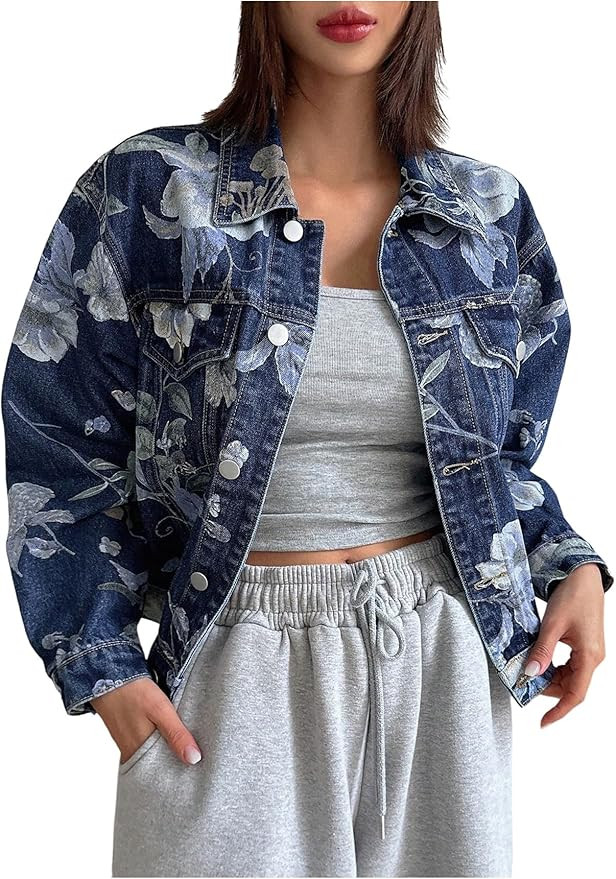 WDIRARA Women's Floral Print Button Down Denim Jacket Long Sleeve Outerwear | Amazon (US)