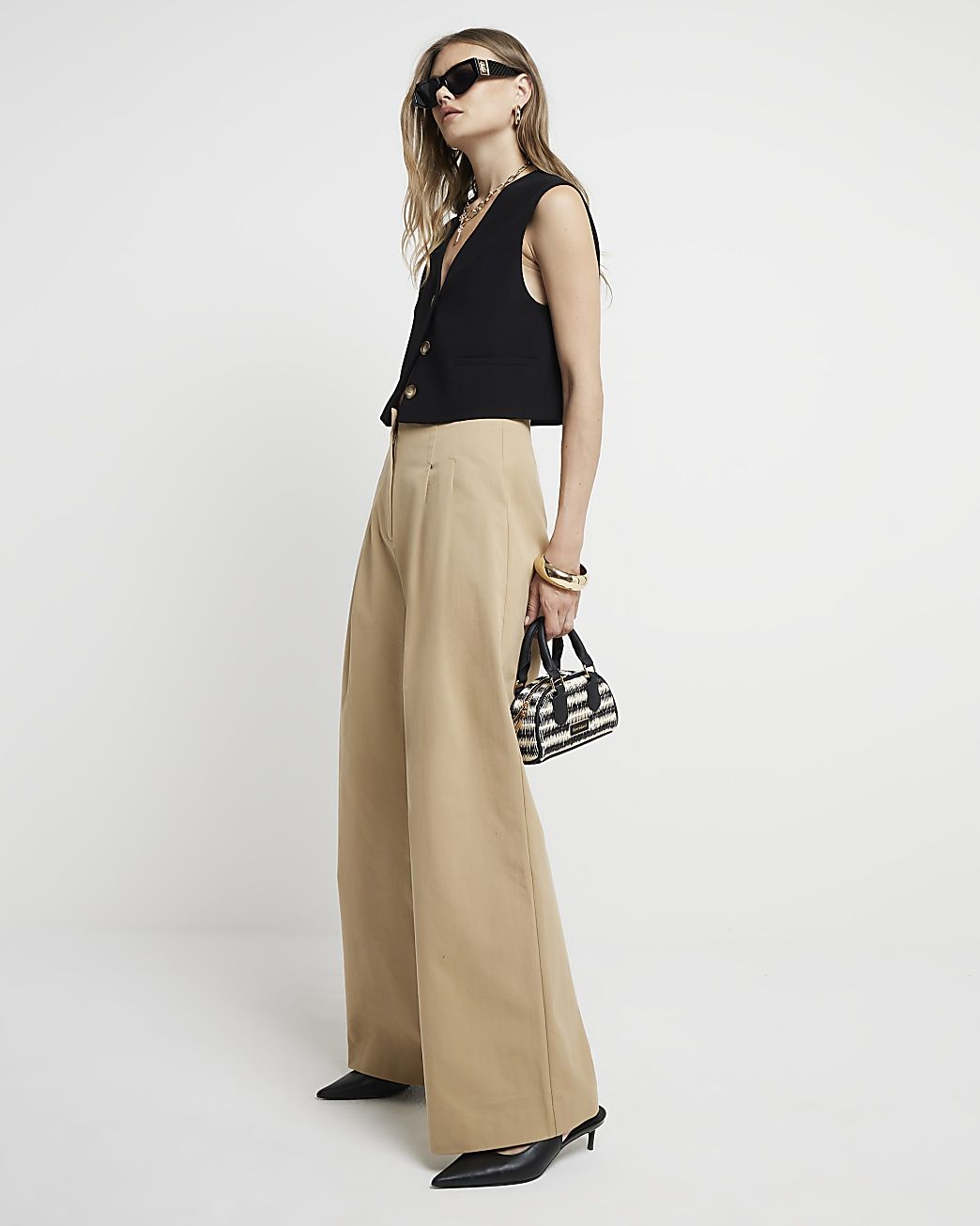 Beige high waisted wide leg trousers | River Island (UK & IE)