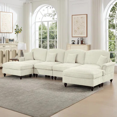 Coffee Chenille Modular Sectional 4 Seater With Classic U Shape, Flared Arms, Spindle Legs, And Detachable Ruffles - Suitable For Relaxing Shape Pleat | Wayfair North America