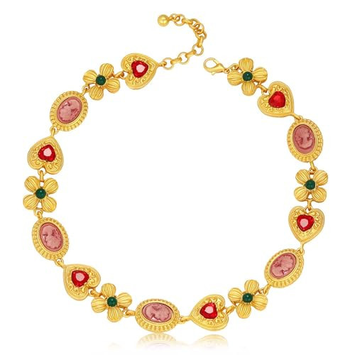 BONJOULRY Chunky Gold Necklace for Women, Gold Colorful Necklace Vintage Pink Cameo Heart Flower Statement Necklace Gold Plated Charm Necklace Renaissance Chunky Jewelry | Amazon (US)