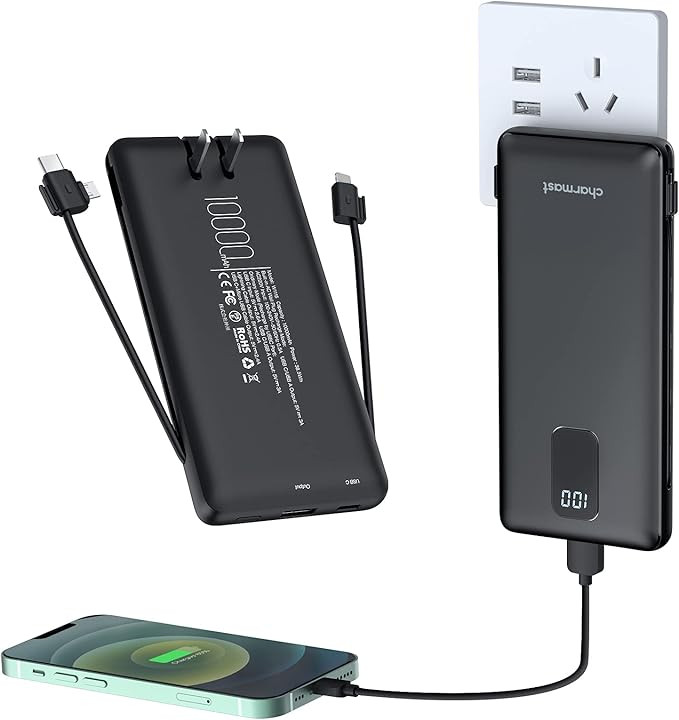 Charmast Portable Charger with Built-in Cables, 10000mah Power Bank, 5 Output Ultra Slim LED Disp... | Amazon (US)
