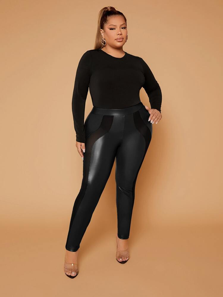 SHEIN SXY Plus High Waist Mesh Insert PU Skinny Pants | SHEIN
