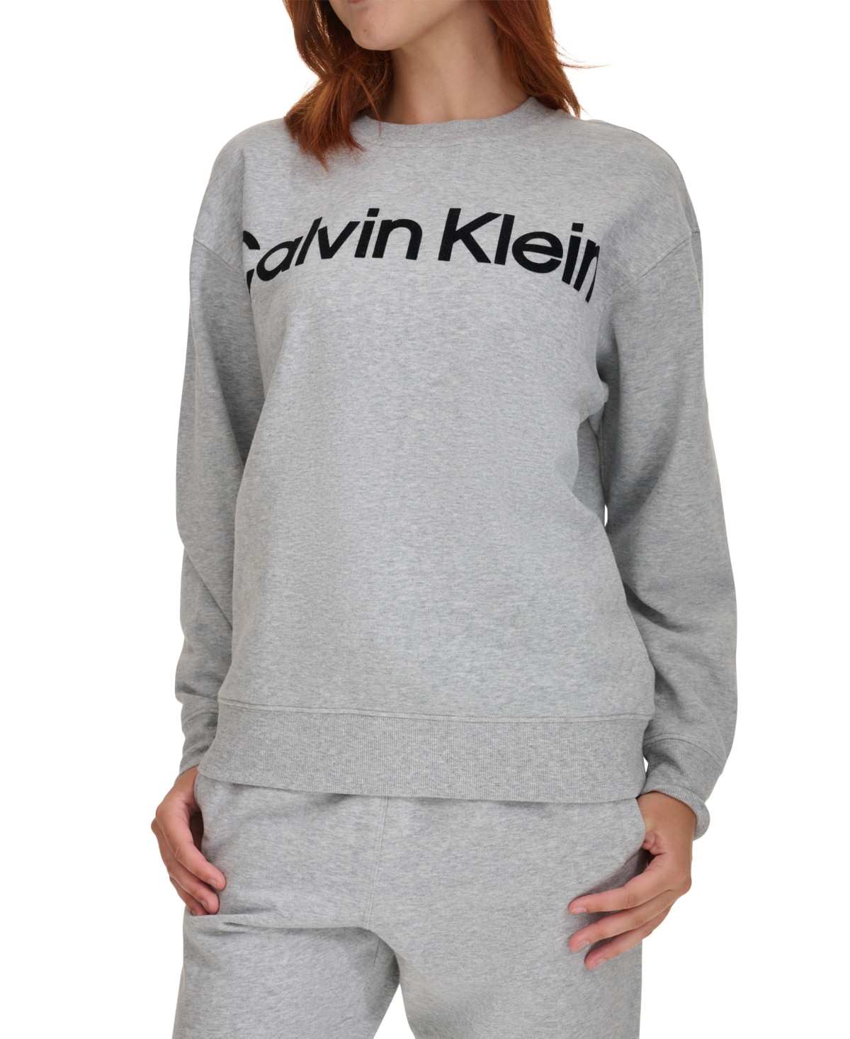 Calvin Klein Women's Logo Graphic Dropped-Shoulder Sweatshirt - Pearl Heather Grey | Macy's