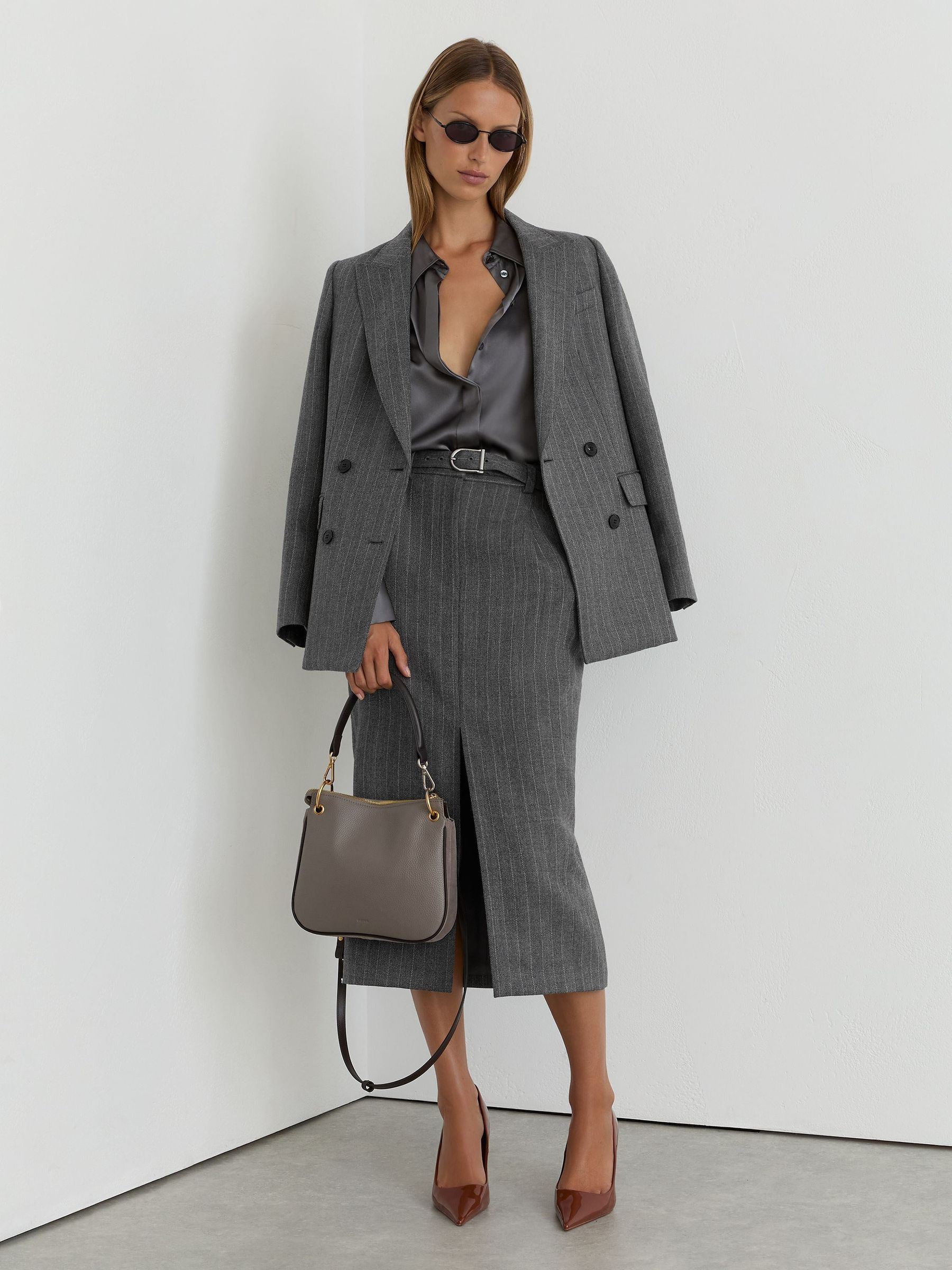 Reiss Wool Pinstripe Belted Pencil Skirt in Grey | REISS | Reiss US