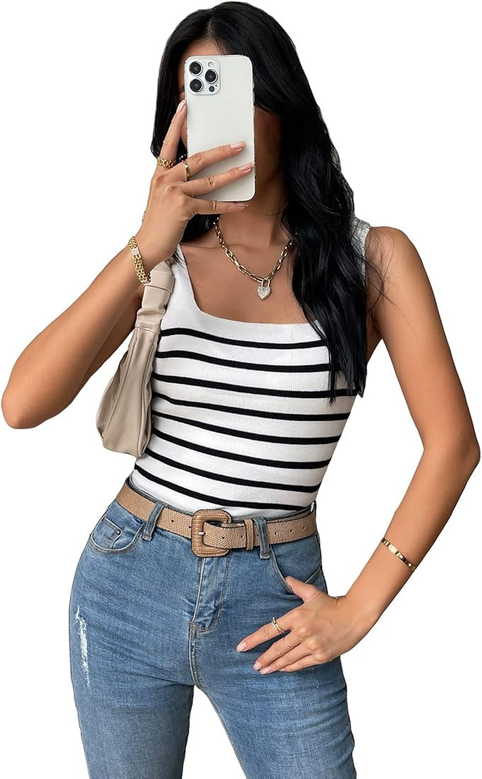 Floerns Women's Striped Print Sleeveless Square Neck Slim Fit Tank Top | Amazon (US)