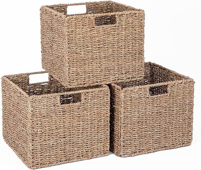 Seagrass Storage Baskets, 12X12X10in Cube Wicker Storage Basket for Shelves, Pantry Baskets Organ... | Amazon (US)