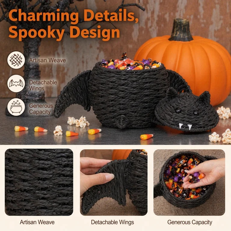 GoLucid Halloween Woven Bat Storage Basket 15.75"x10.63", Handcraft Rattan Bat Candy Bowl with Li... | Walmart (US)