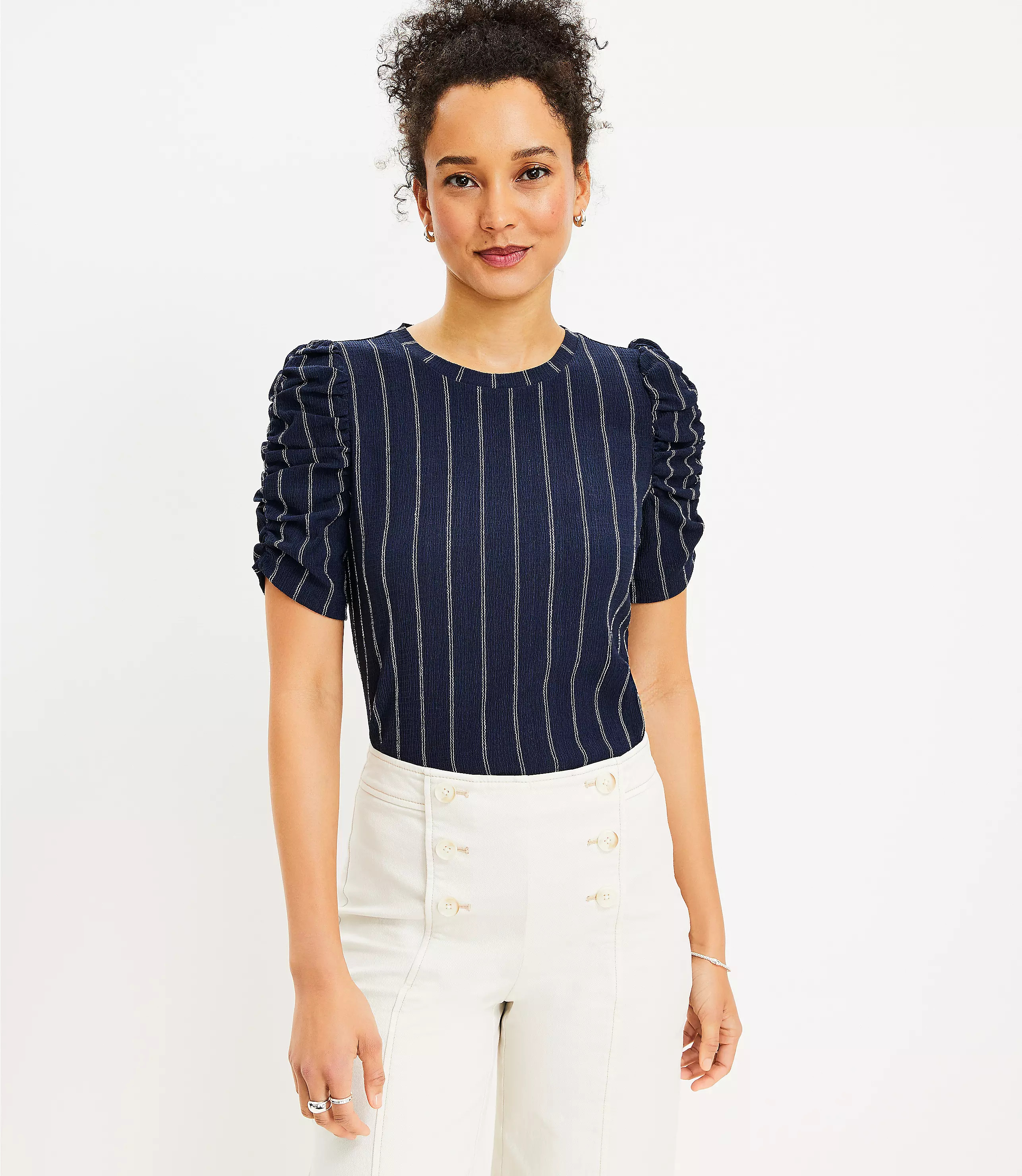 Jacquard Cinched Sleeve Top | LOFT