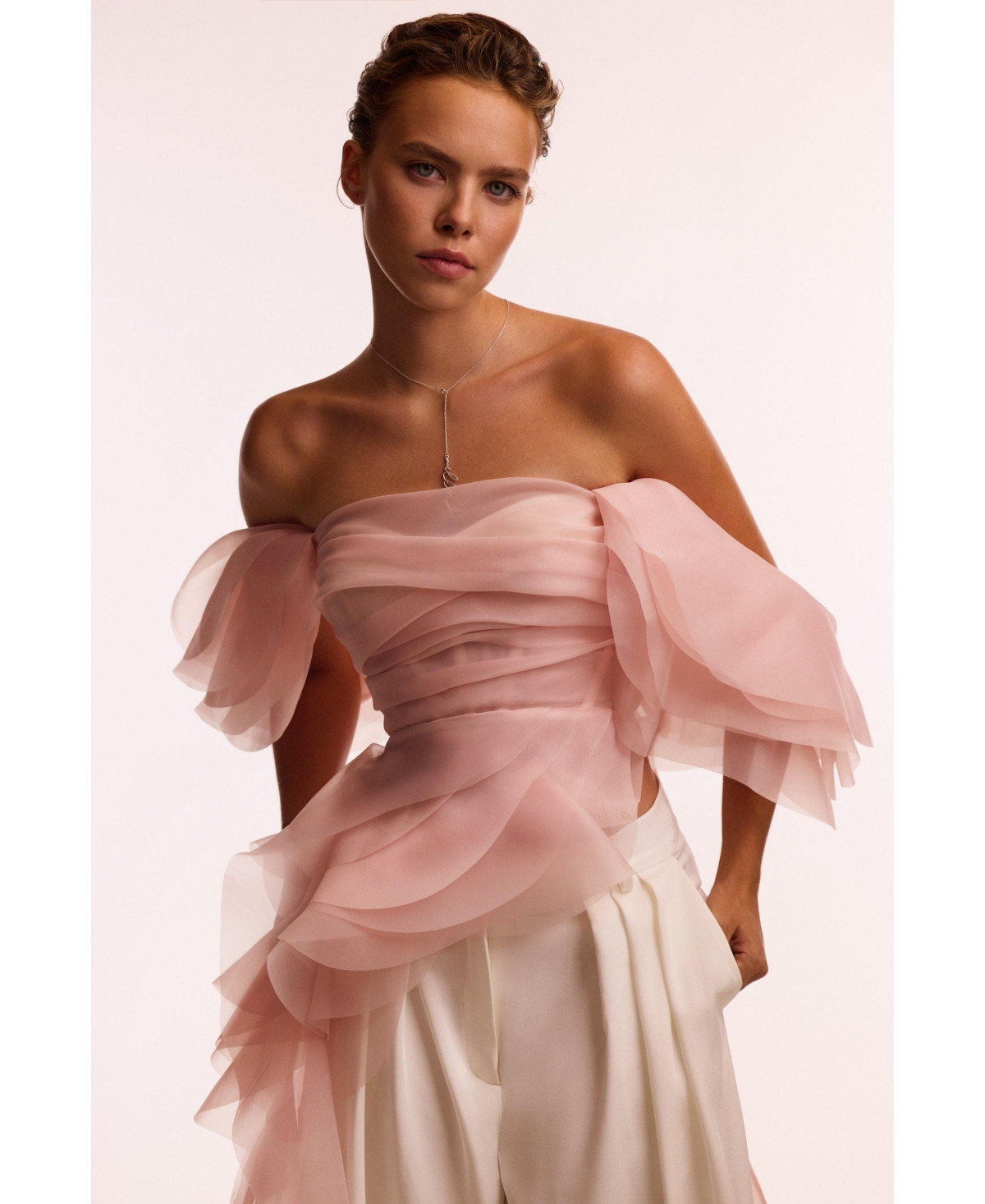 Milla Women's Dreamy off-shoulder blouse with meringue flounces - Misty rose | Macy's