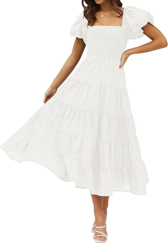 ZESICA Women's 2025 Summer Square Neck Short Puff Sleeve Solid Color High Waist Casual Smocked Fl... | Amazon (US)