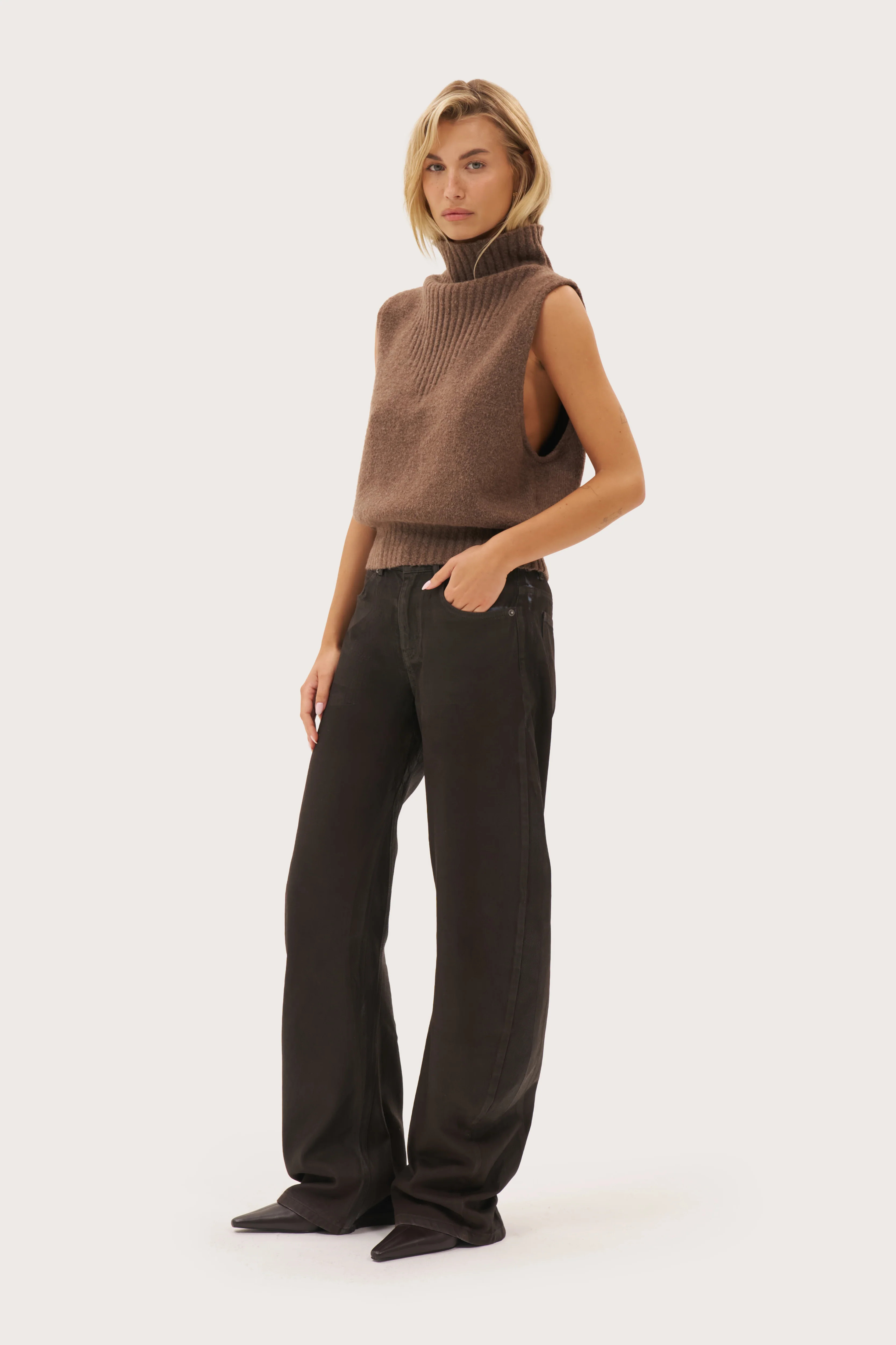 Waxed Stacked Jeans - Brown | Maebe UK