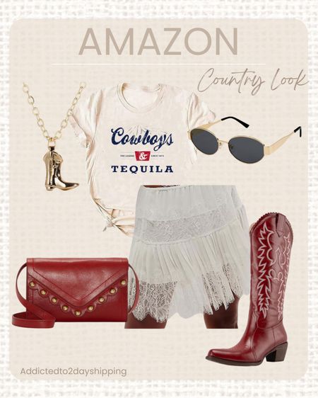 AMAZON- Country Look

Mini skirt, lace mini skirt, mini skirt slip, graphic tshirt, western graphic tee, cowboy boots, cowgirl boot, knee high boot, western boot, red cowboy boots, red leather handbag, leather crossbody bag, cowboy boot necklace, gold necklace, gold and black sunglasses, Nashville outfit, Nashville look, country concert outfit 



#LTKfindsunder50 #LTKstyletip #LTKfindsunder100
