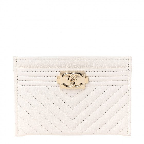 CHANEL Caviar Chevron Quilted Boy Card Holder White | Fashionphile