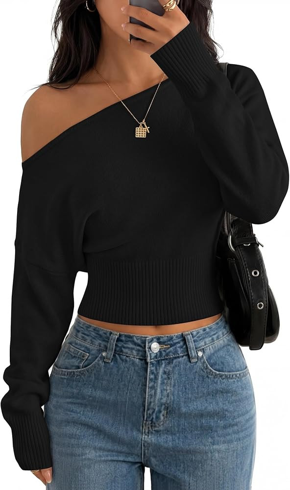 ZESICA Women's Off Shoulder Long Sleeve Cinched Waist Cropped Sweaters | Amazon (US)