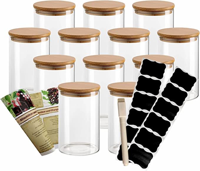 gouveo 12er Set 500 ml Glasbehälter rund aus Borosilikatglas mit Bambus-Deckel - Etiketten - Vor... | Amazon (DE)