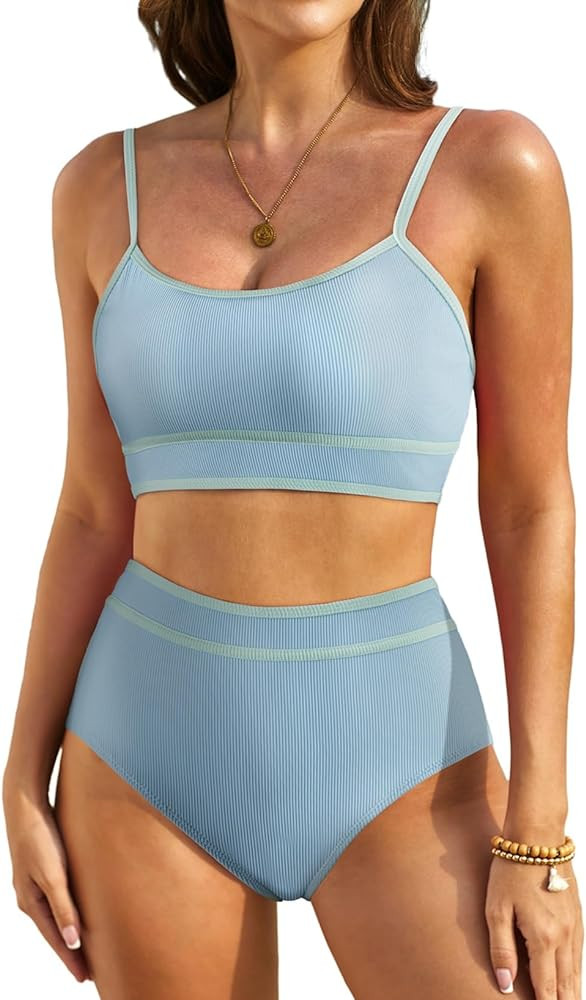 Herseas Women's Ribbed Bikini Sets Color Block Swimsuit High Waisted Bathing Suit | Amazon (US)