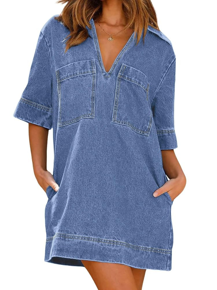 CHARTOU Women Loose Denim Dress Short Sleeve Casual Summer Dress Turn Down Pullover Vintage Tunic... | Amazon (US)