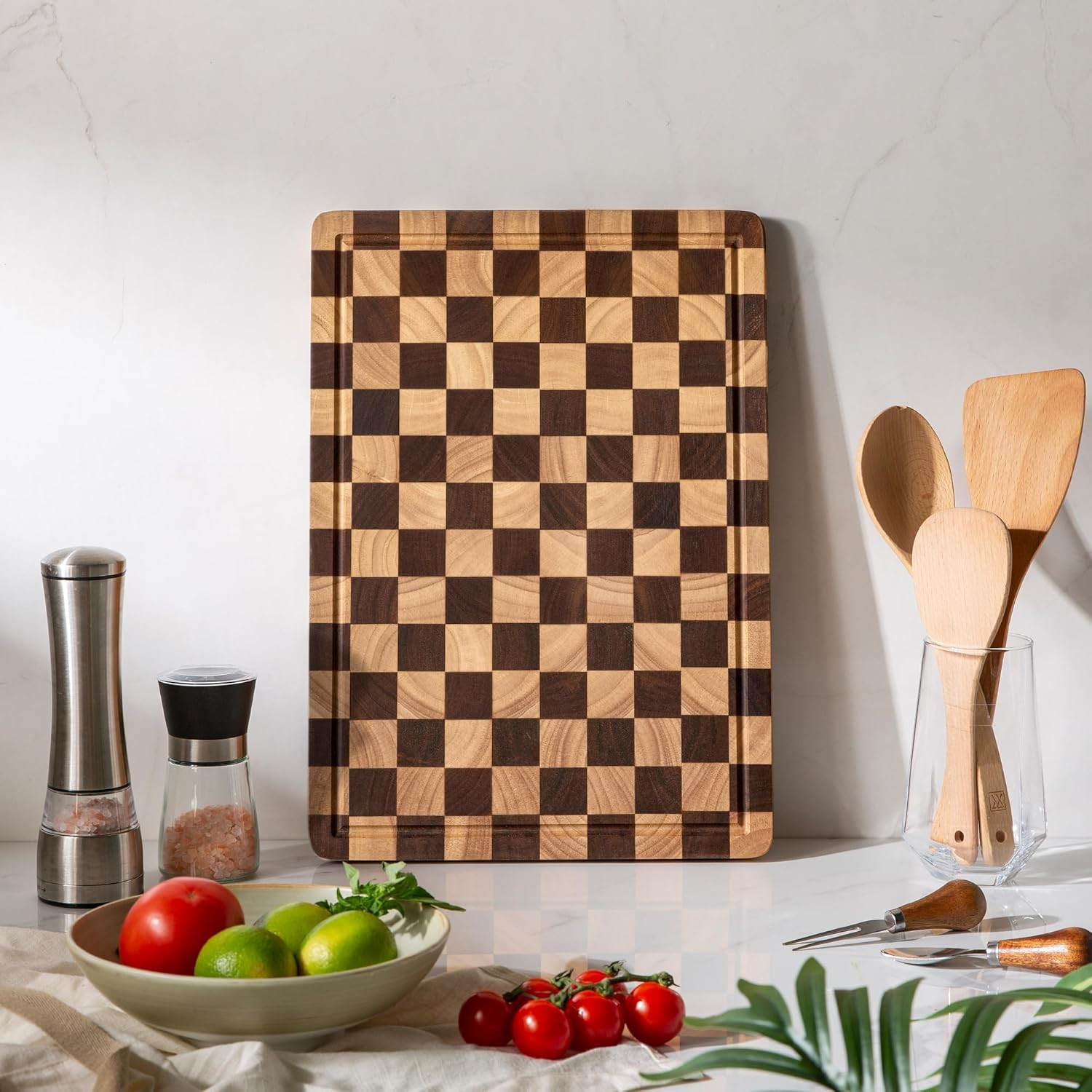 Cutting Boards for Kitchen, Checkered Cutting Board Upgraded, Acacia Wood Chopping Board with Jui... | Amazon (US)