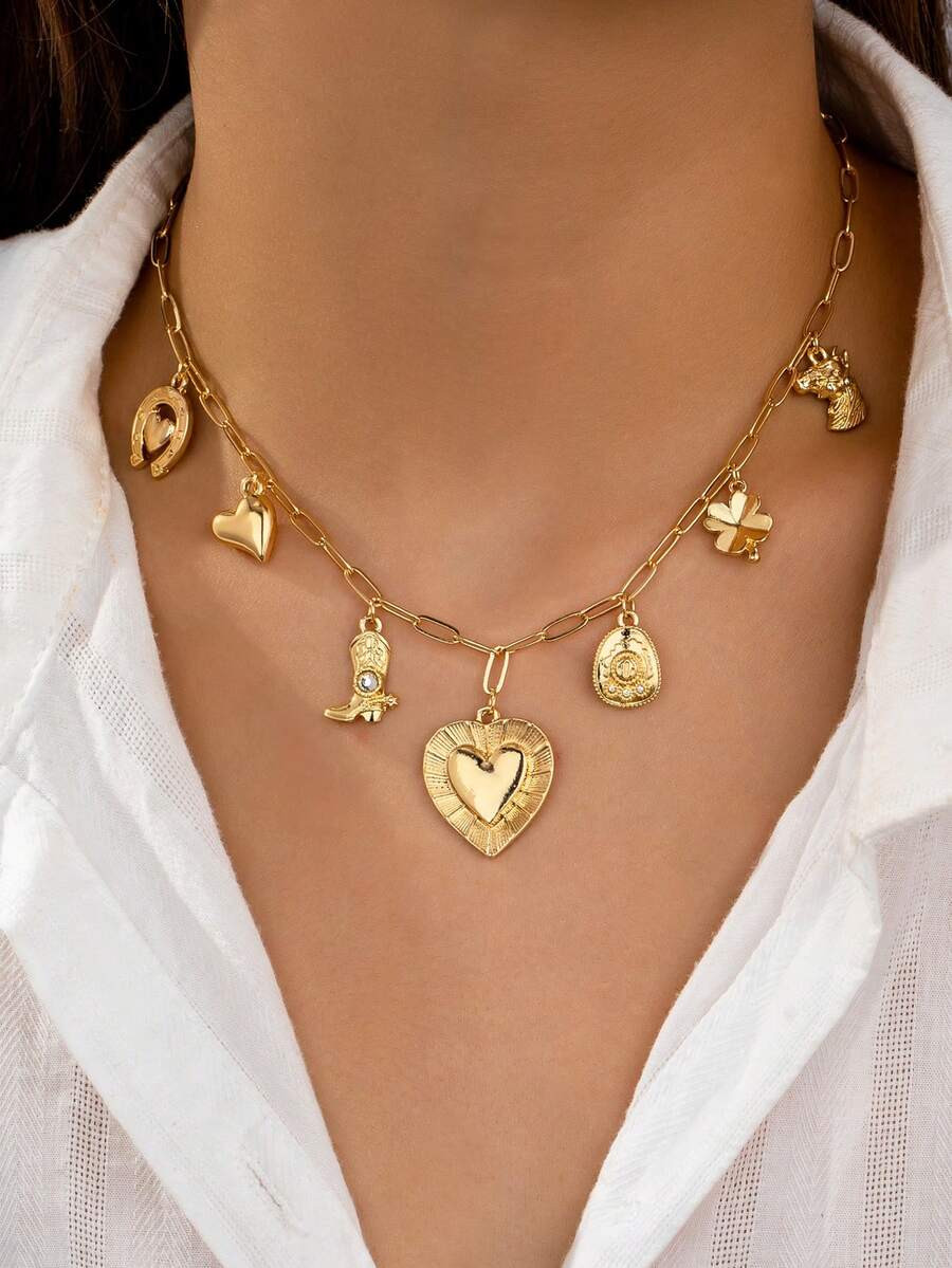 1 Pc Western Elements Charm Necklace Heart Locket Cowgirl Boots Charms Necklaces Jewelry For Wome... | SHEIN