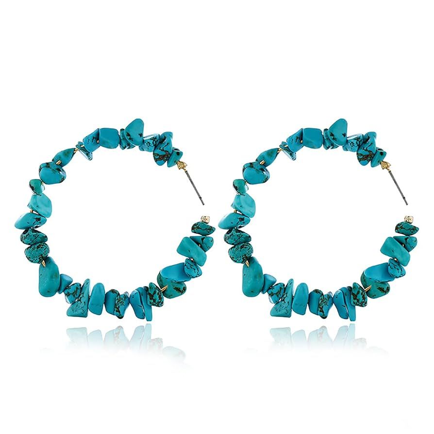 Turquoise Hoop Earrings for Women 14K Gold Plated Turquoise Large Hoops Earrings Handmade Stateme... | Amazon (US)