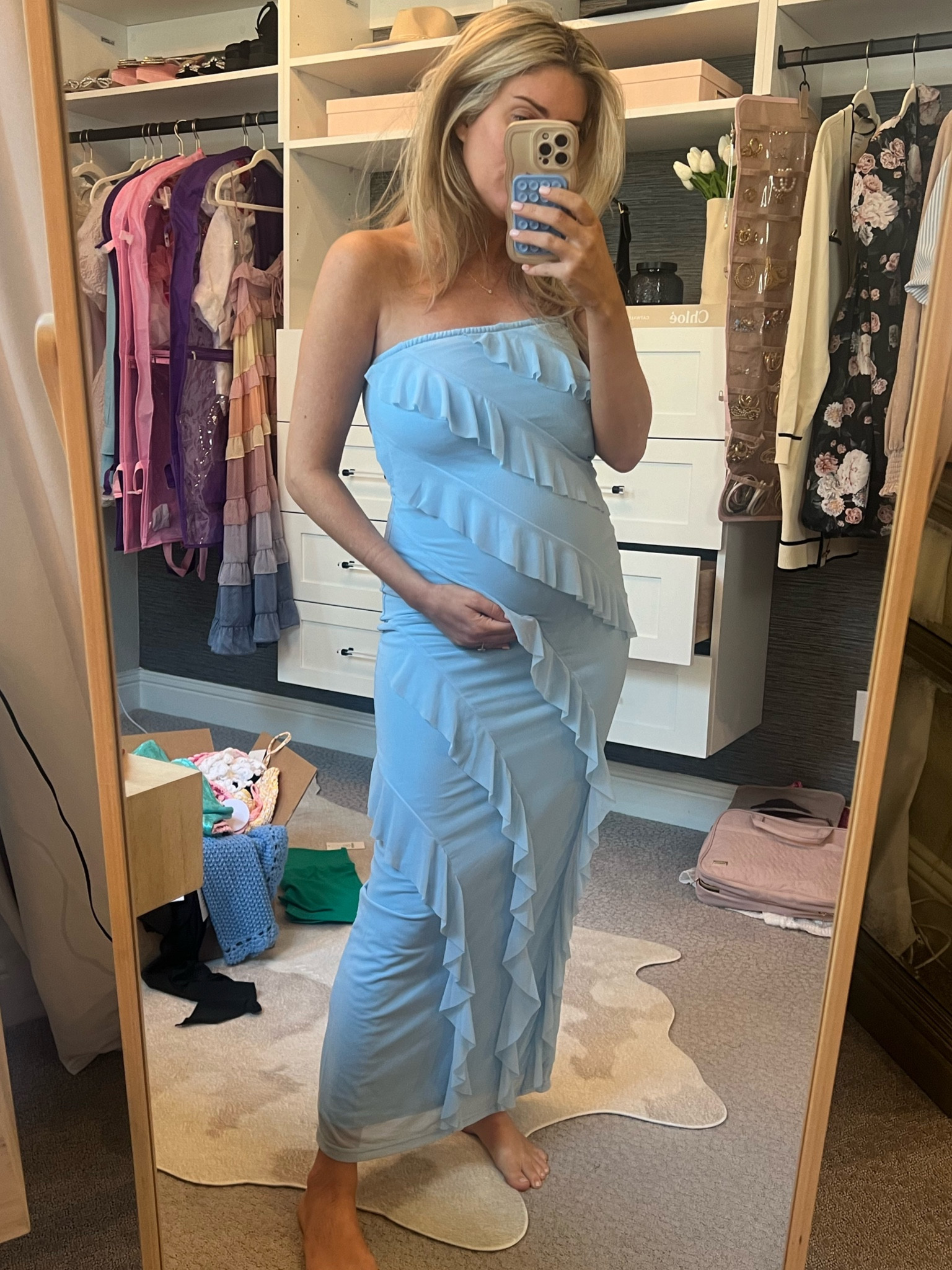 Blue maxi dress, maternity dress, Amazon dress, bump friendly dress, baby shower dress, vacation dress, resort style, vacation style, strapless dress 

#LTKTravel #LTKStyleTip #LTKSummerSales