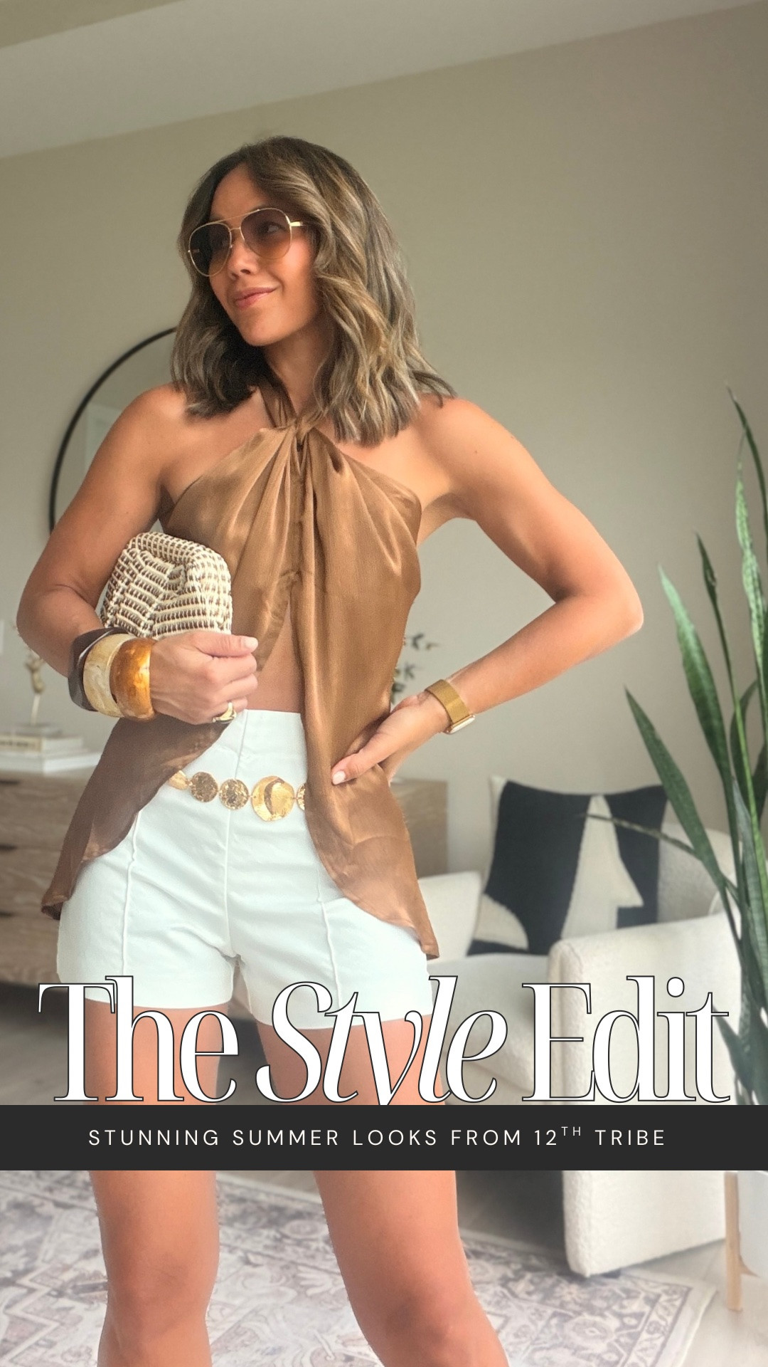 This @12th Tribe  satin halter top belongs somewhere between Ibiza, St. Tropez, and Mykonos. The bronze satin, white shorts, gold accessories, and neutral clutch are such a good combination for summer 😎✨🌴

#LTKootd #LTKgrwm #LTKSeasonal