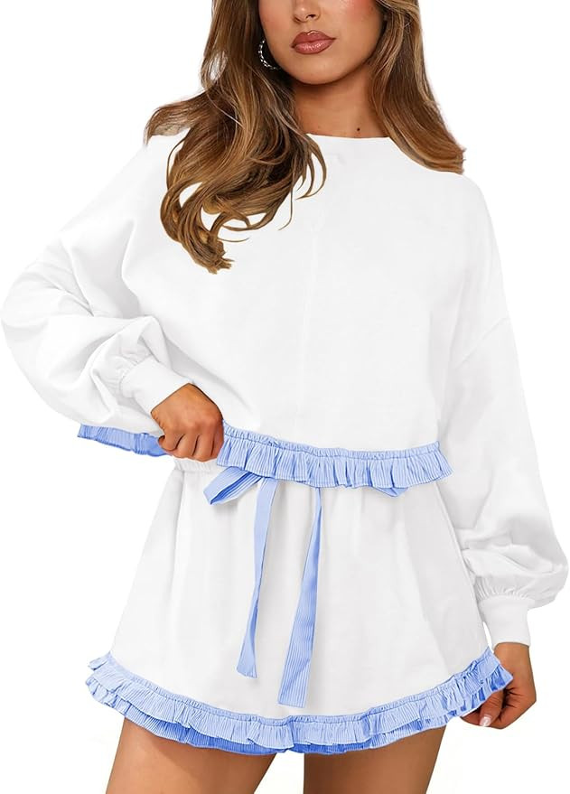 MIYIEONZ Womens 2 Piece Set Crewneck Sweatshirt Ruffle short Sets Fall Fashion cute tennis Matchi... | Amazon (US)