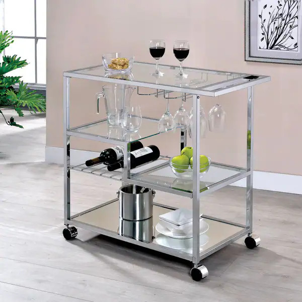 Baza Contemporary Chrome Metal Serving Cart with Stemware Rack by Furniture of America | Bed Bath & Beyond