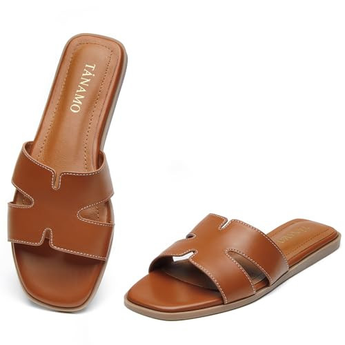 Tanamo Brown Women's Slide Sandals, Comfortable Flats Summer Dressy Casual Beach Open Toe Shoes 2024 | Amazon (US)