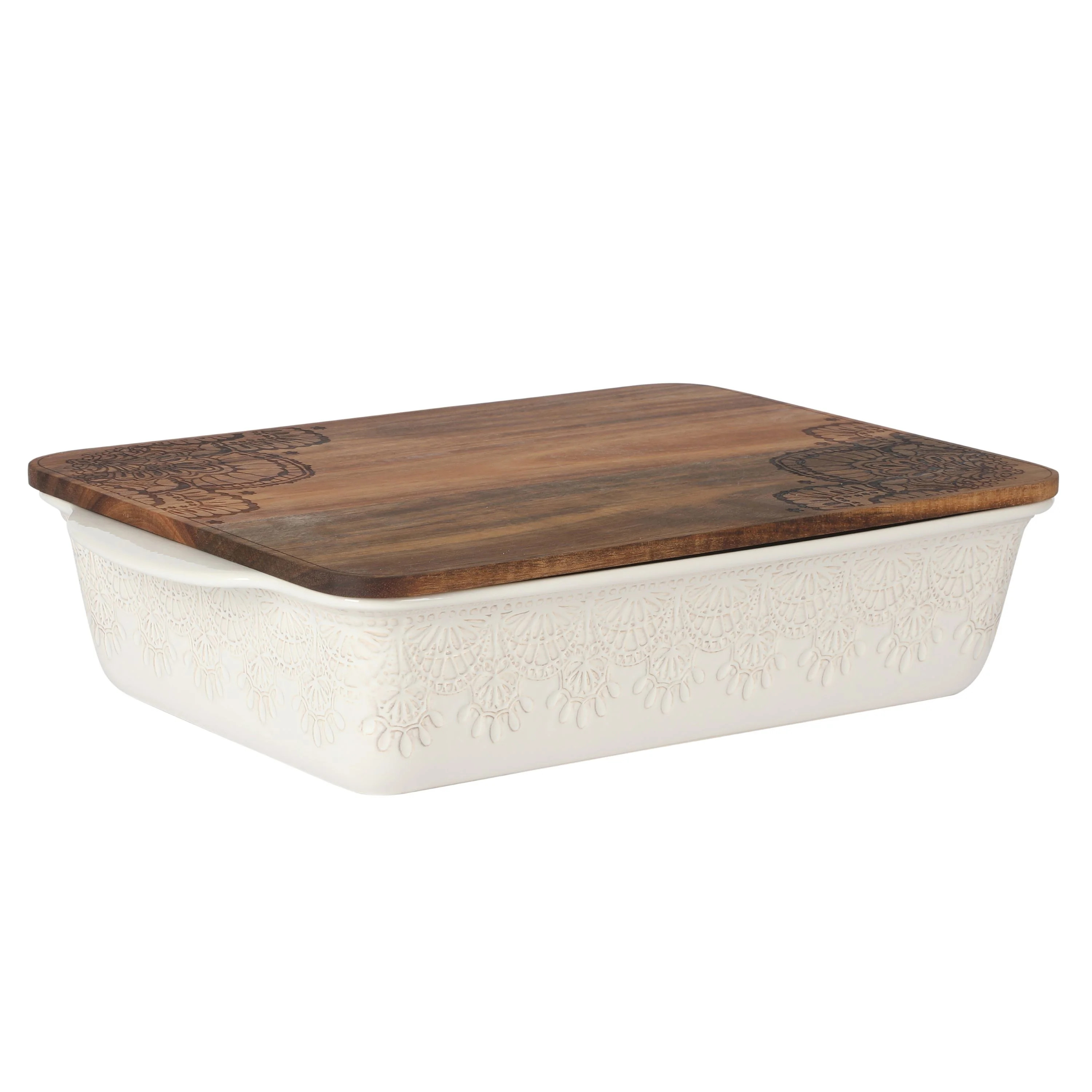 The Pioneer Woman 9" x 13" Vintage Lace Ceramic Casserole Baking Dish with Wood Lid, Linen | Walmart (US)