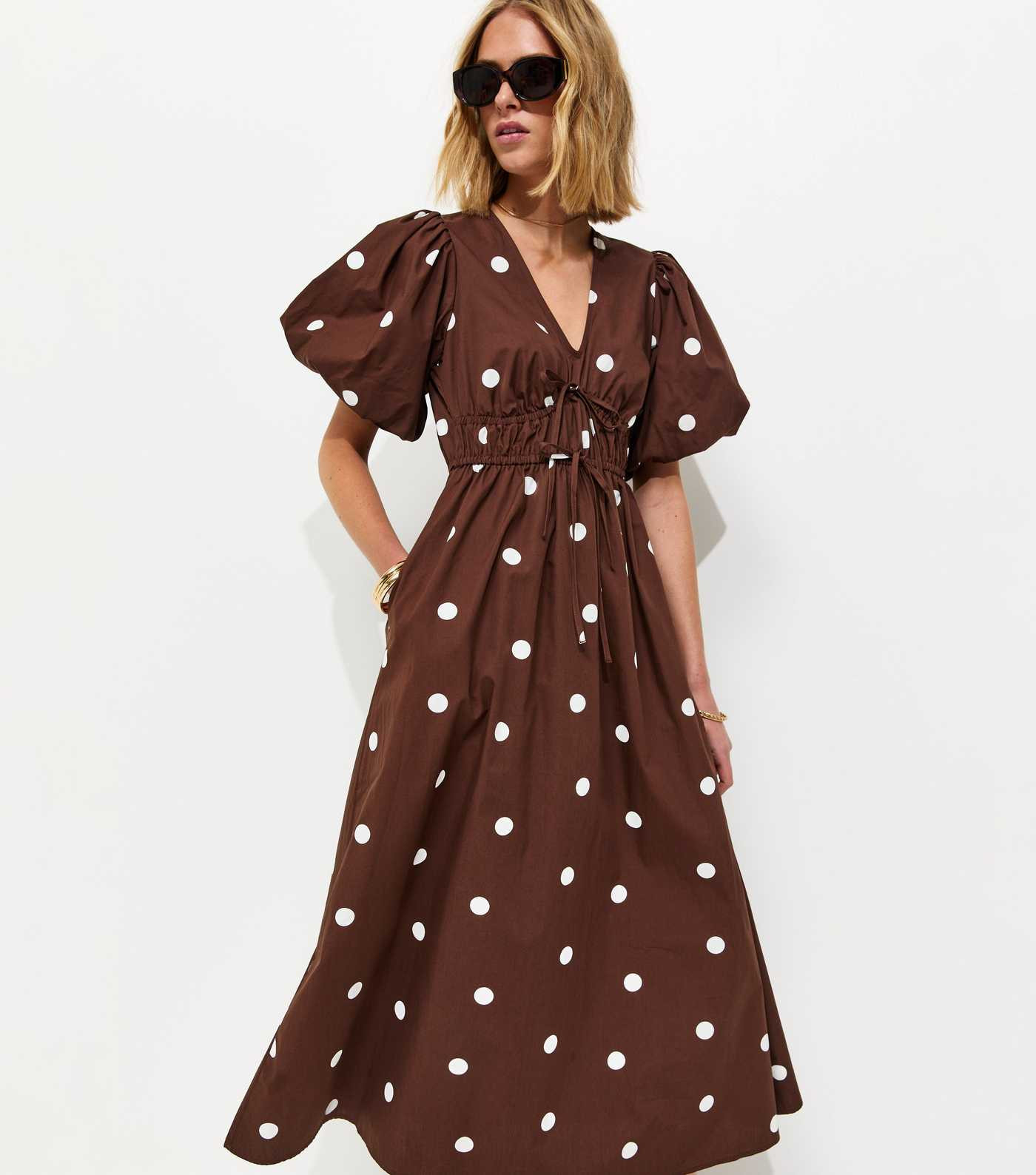 Brown Polka Dot Puff Sleeve Midi Dress | New Look | New Look (UK)