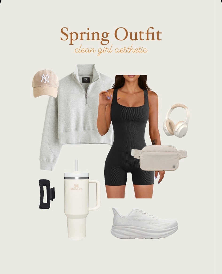 spring outfits, spring outfits 2024, spring outfits amazon, spring fashion, february outfit, casual spring outfits, spring outfit ideas, cute spring outfits, cute casual outfit, date night outfit, date night outfits, belt bag, cream bag, shoulder bag, vacation outfit, resort outfit, spring outfit, resort wear, ypb sweatshirt, grey sweatshirt, quarter zip sweatshirt, nylon belt bag, stanley cup, cream stanley cup, black claw clip, beige hat, baseball hat, yankees hat, hoka sneakers, cream sneakers, white sneakers, running sneakers, white headphones, athletic outfit, walking outfit, pilates outfit, workout outfit, athleisure outfit, loungewear, black romperr