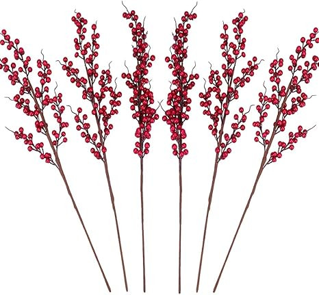 Greentime 6 Pack Artificial Berry Long Stems Fake 25.2 Inches Christmas Red Berries Faux Holly Be... | Amazon (US)
