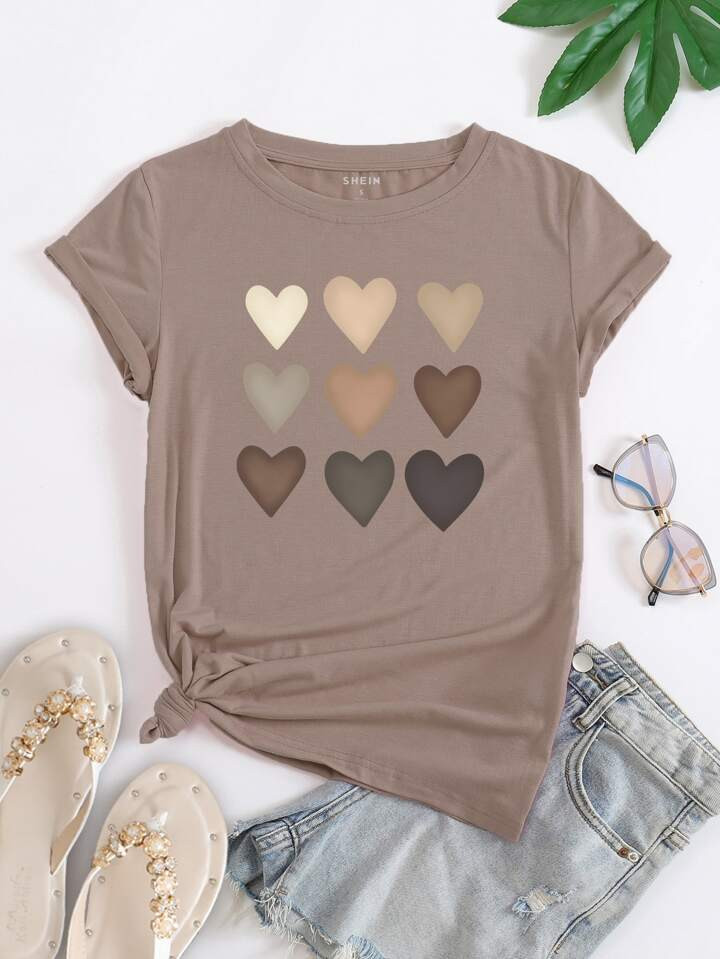 INAWLY Heart Print Round Neck Tee | SHEIN