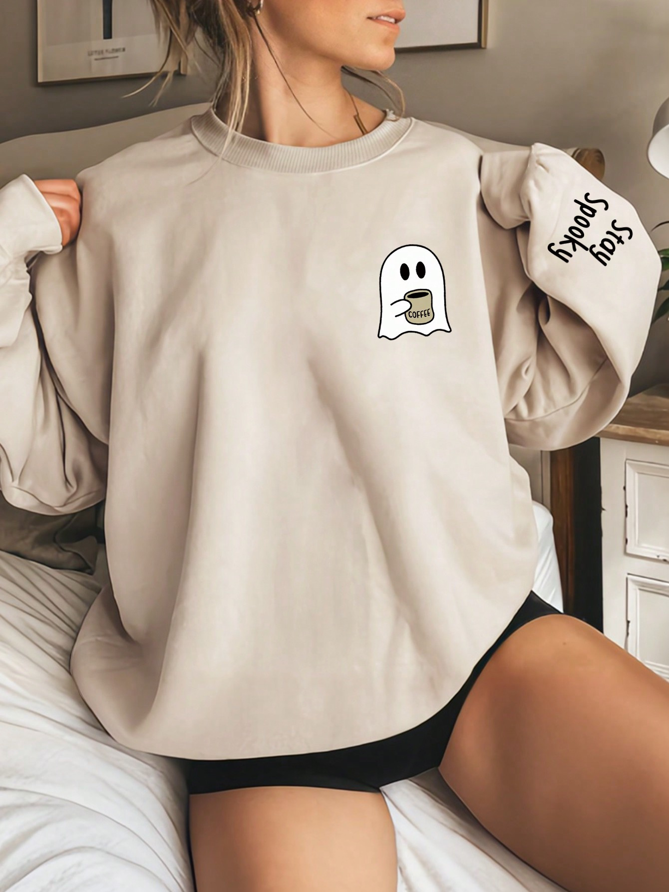 SHEIN EZwear Women's Halloween Cartoon Letter Printed Plush Sweatshirt | SHEIN