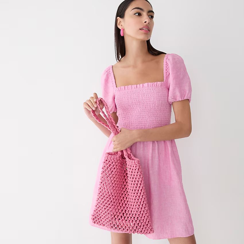 Puff-sleeve smocked linen mini dress | J.Crew US