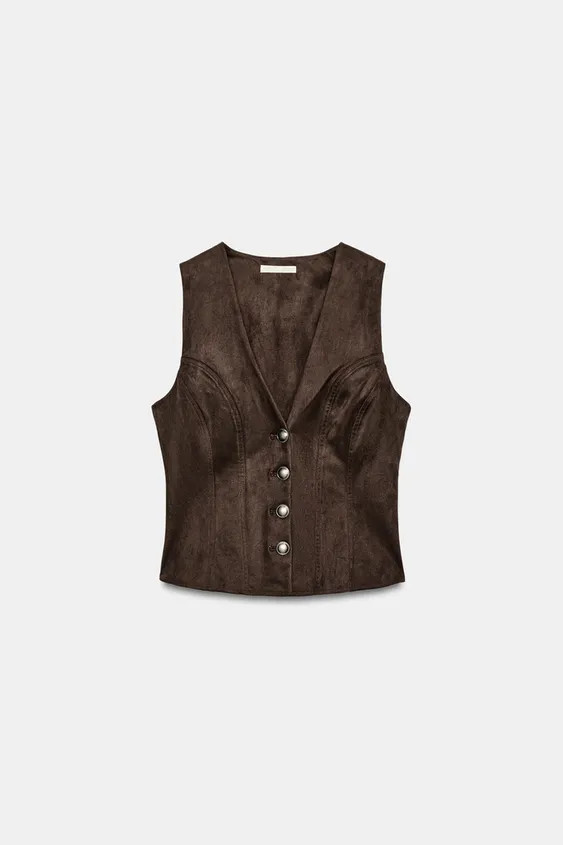Vest made of faux suede fabric. V-neckline. Rounded hem. Front metal button closure. | Zara US