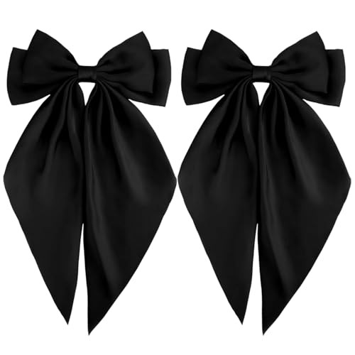 Black Bow for Hair 2Pcs Silky Satin Hair Bows Ribbon Bows for Hair Clip Long Hair Bow for Women Girls | Amazon (US)