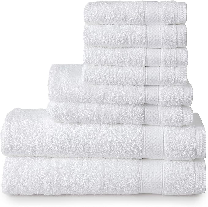 Welhome Basic 100% Cotton Towel (White) - 8 Piece Set - Quick Dry - Absorbent - Soft - 434 GSM - ... | Amazon (US)