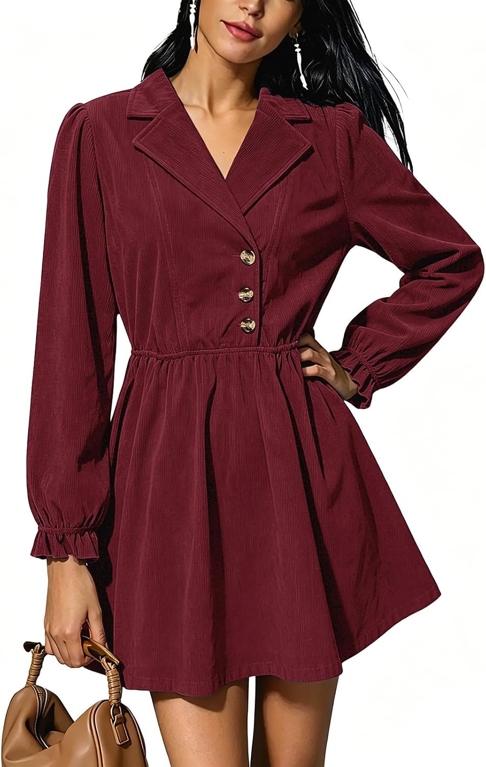Alaster Queen Women's Corduroy Long Sleeve Button Fall Work Short Dress | Amazon (US)