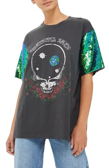 Women's Topshop By And Finally Sequin Sleeve Grateful Dead Tee, Size 2 US (fits like 0) - Black | Nordstrom