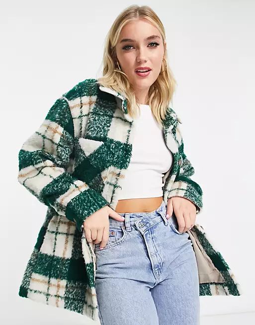 Abercrombie & Fitch crop cozy shacket in green check | ASOS (Global)