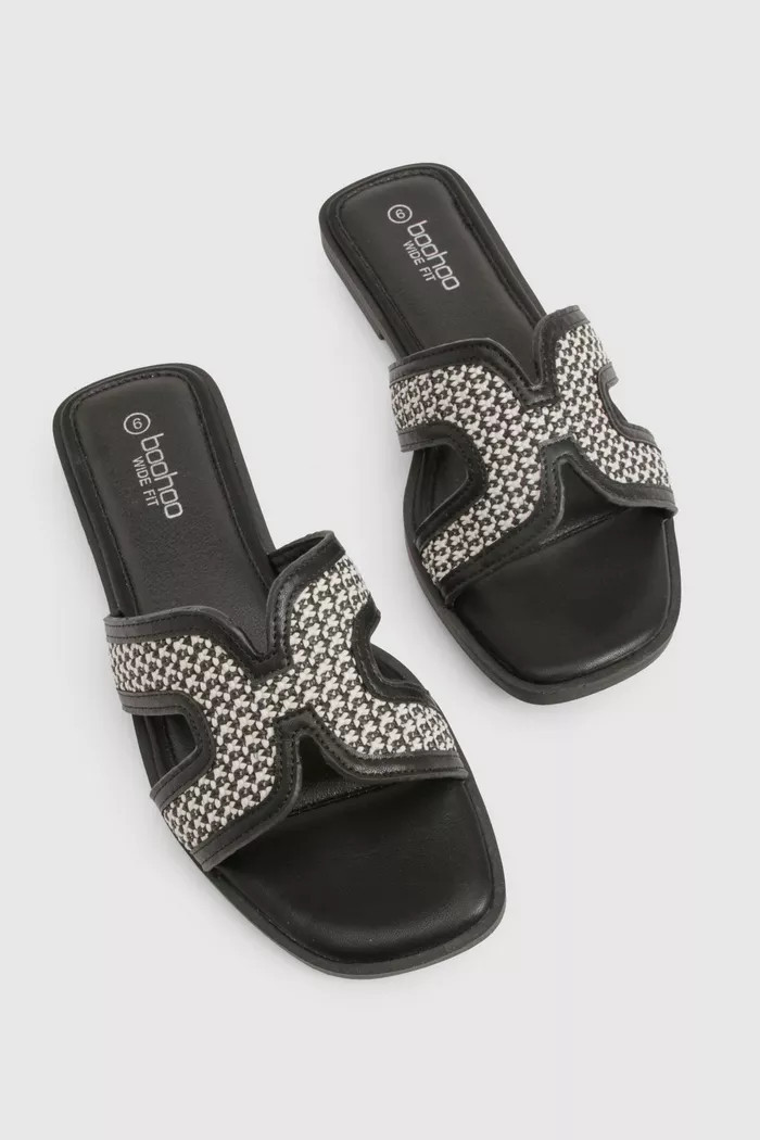 Wide Fit Contrast Raffia Cut Out Sliders | Boohoo.com (UK & IE)
