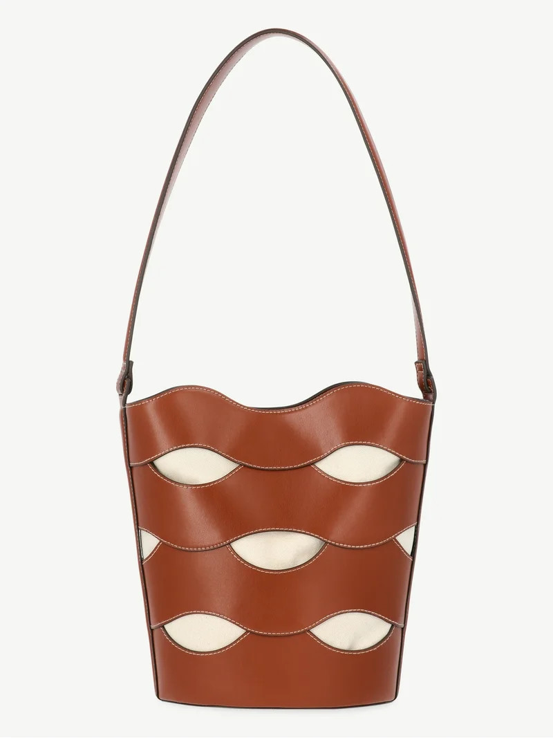 Free Assembly Women's Maria Cut Out Bucket Bag, Cognac/Cream | Walmart (US)