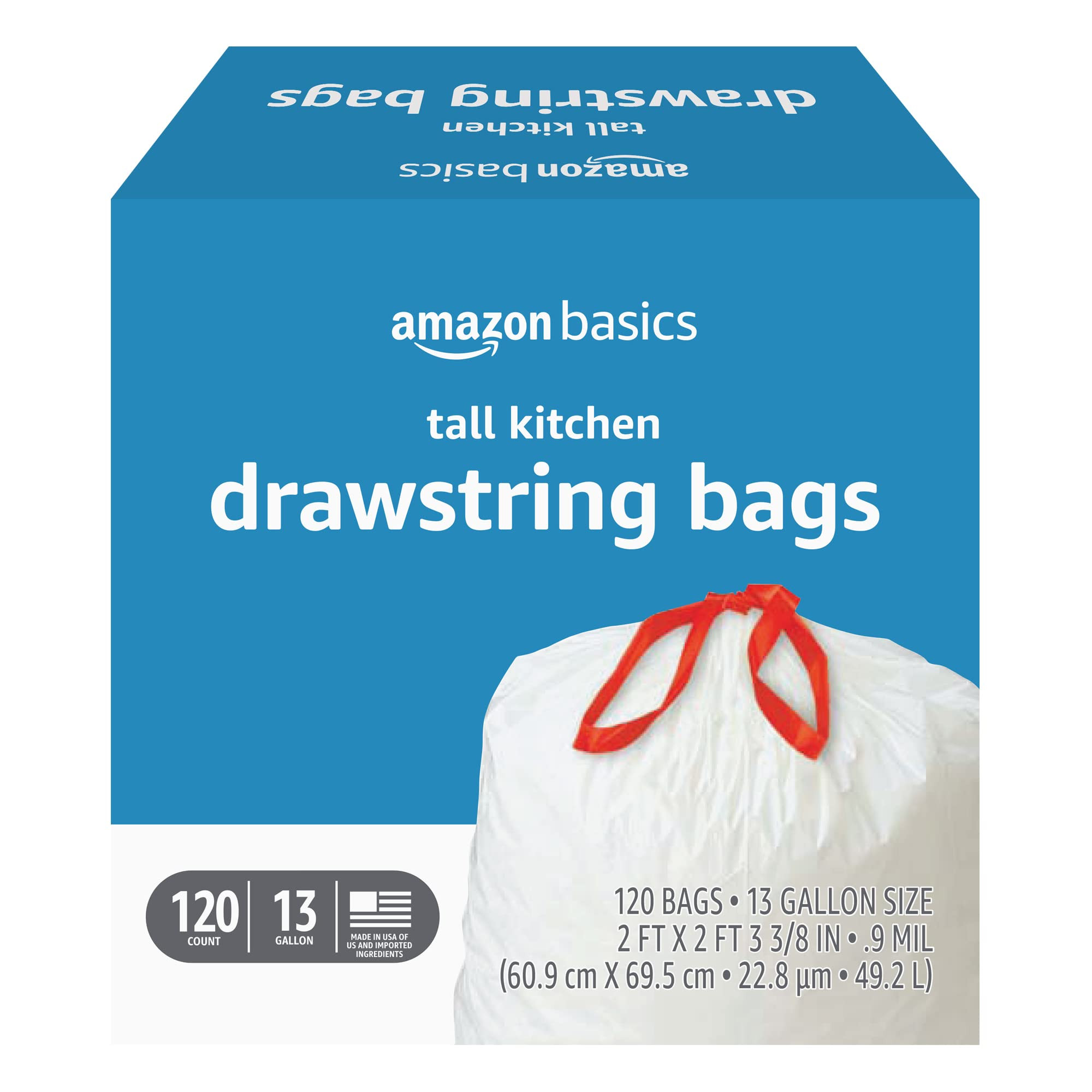Amazon Basics Trash Bags, Tall Kitchen Drawstring, Unscented, 13 Gallon, 120 Count, Pack of 1 | Amazon (US)